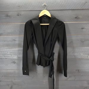 THEORY Wrap Tie Waist Black Blouse Size Small